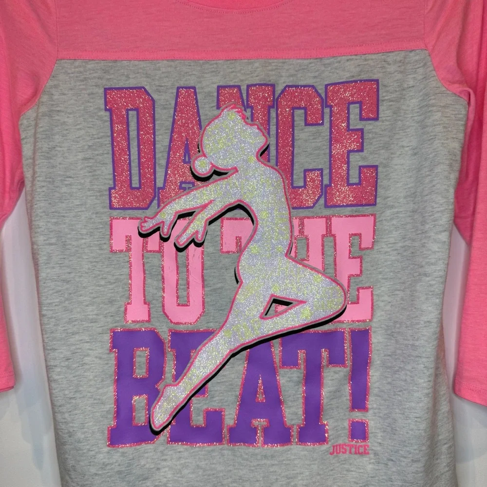 Justice‎ Girls Pink Gray Dance To The Beat 3/4 Sleeve Shirt Size 14